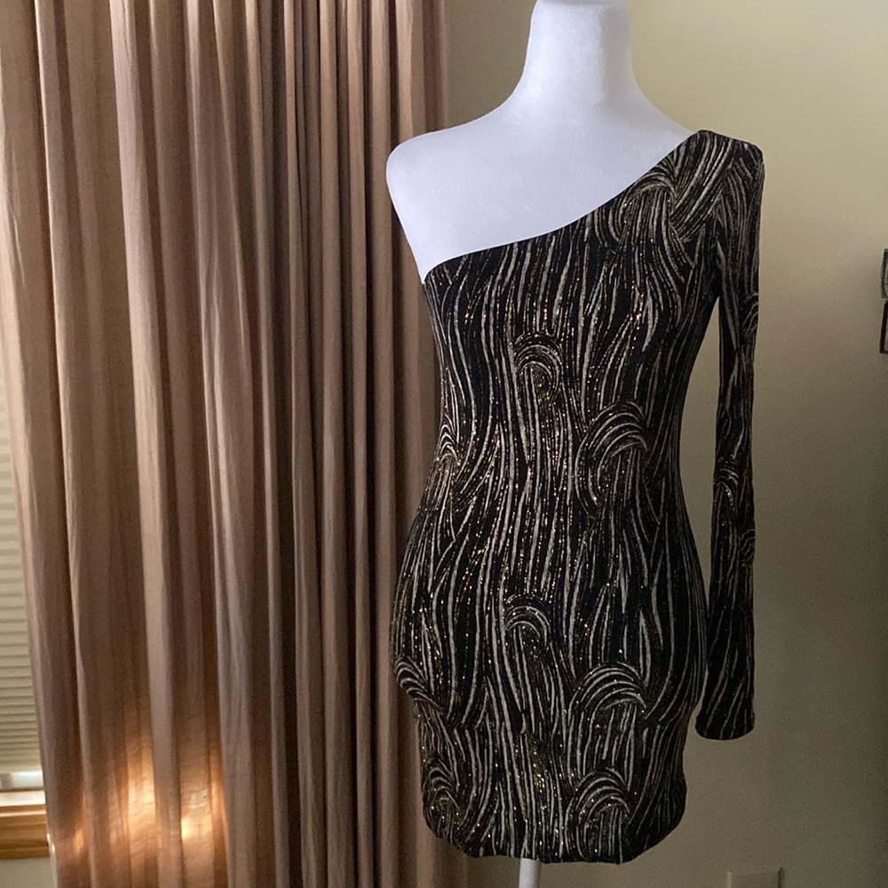 💫 ✨ Adorable Vintage Y2K Glitter long Sleeve One Shoulder Dress ✨💫